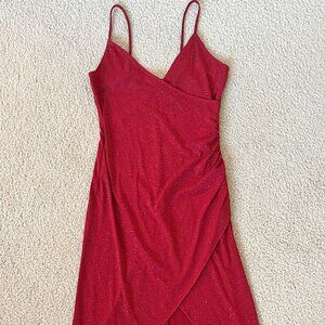 Hourglass Red Glitter Sparkly Midi Spaghetti Strap Hi-Low, Slit Stretchy Dress M